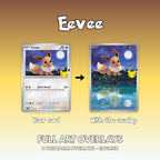 Before and after of an English Eevee card: the original half art card next to the same card with the printable full art overlay in front of it, extending the illustration across the whole card.