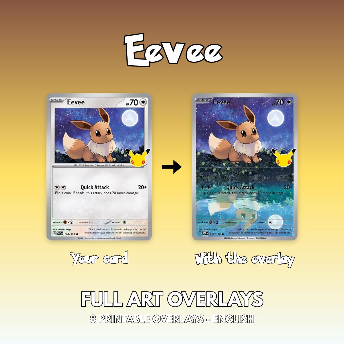 Before and after of an English Eevee card: the original half art card next to the same card with the printable full art overlay in front of it, extending the illustration across the whole card.