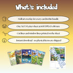 What is included with the Chinese Eevee full art overlay bundle: a full art overlay for every card in the bundle, one sheet at 600 DPI in A4 and US Letter at true size 63 x 88 mm, cut lines and window lines on the sheet, and an instant download.