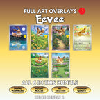 Six printable Eevee full art overlays shown together, the complete Chinese Bundle 2 of Pokémon card overlays including three 30th Celebration cards, with badges for digital download, instant access, A4 and US Letter size and premium quality.