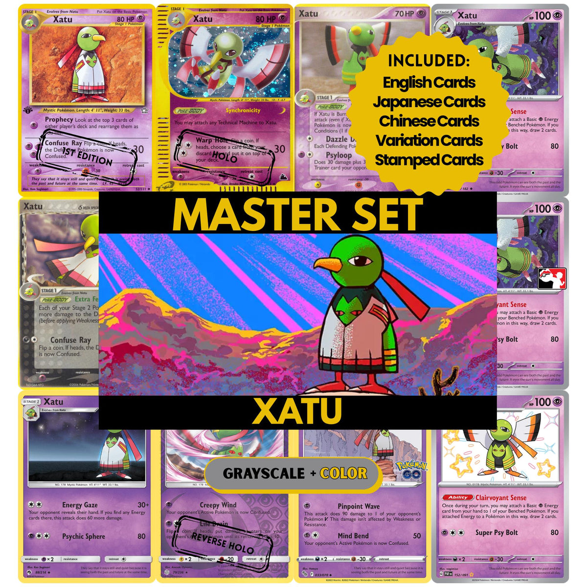 Xatu binder pages set showing Pokémon cards, designed as a digital download to complete a collector's binder.