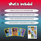 What is included with the Team Rocket full art overlay bundle: a full art overlay for every card in the bundle, two A4 sheets for 1st Edition and Unlimited cards, cut lines and window lines on the sheet, and an instant download.