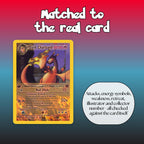 Close-up of a Dark Charizard full art overlay, showing the attacks, energy symbols, weakness, retreat, illustrator and collector number all matched to the real Team Rocket card.