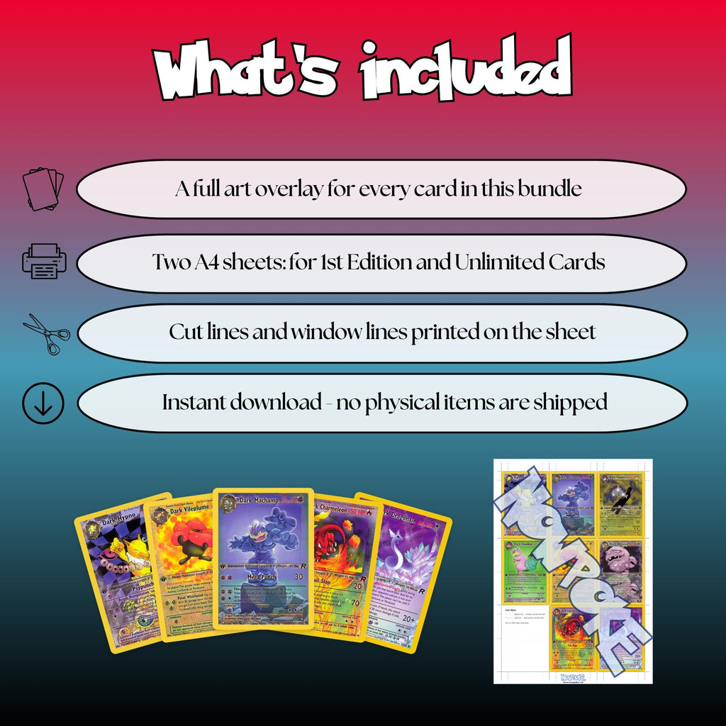What is included with the Team Rocket full art overlay bundle: a full art overlay for every card in the bundle, two A4 sheets for 1st Edition and Unlimited cards, cut lines and window lines on the sheet, and an instant download.