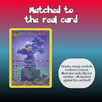 Close-up of a Team Rocket full art overlay, showing the attacks, energy symbols, weakness, retreat, illustrator and collector number all matched to the real card.