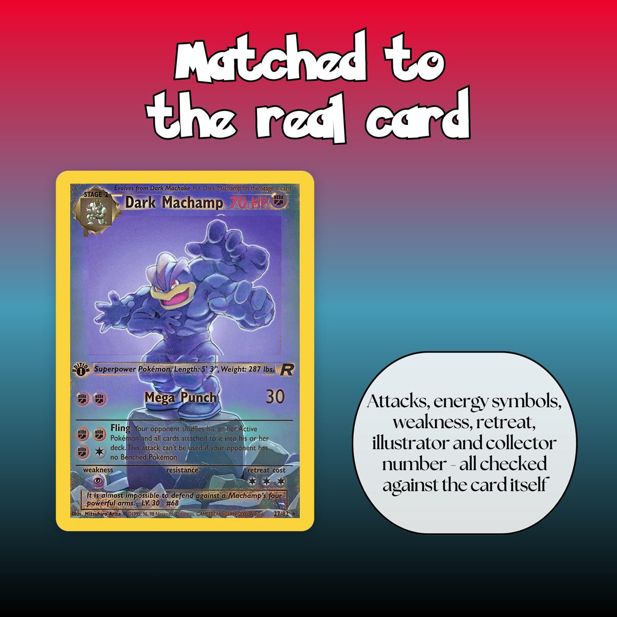 Close-up of a Team Rocket full art overlay, showing the attacks, energy symbols, weakness, retreat, illustrator and collector number all matched to the real card.