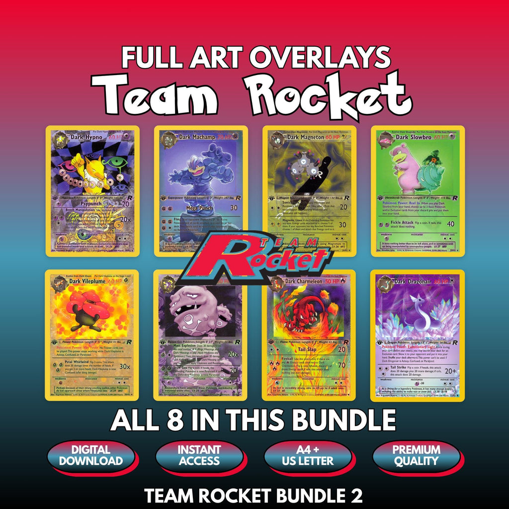 Eight printable Team Rocket full art overlays shown together, the complete Bundle 2 of Pokémon card overlays with the Team Rocket logo in the centre, and badges for digital download, instant access, A4 and US Letter size and premium quality.