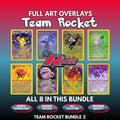 Eight printable Team Rocket full art overlays shown together, the complete Bundle 2 of Pokémon card overlays with the Team Rocket logo in the centre, and badges for digital download, instant access, A4 and US Letter size and premium quality.