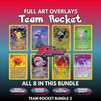 Eight printable Team Rocket full art overlays shown together, the complete Bundle 2 of Pokémon card overlays with the Team Rocket logo in the centre, and badges for digital download, instant access, A4 and US Letter size and premium quality.